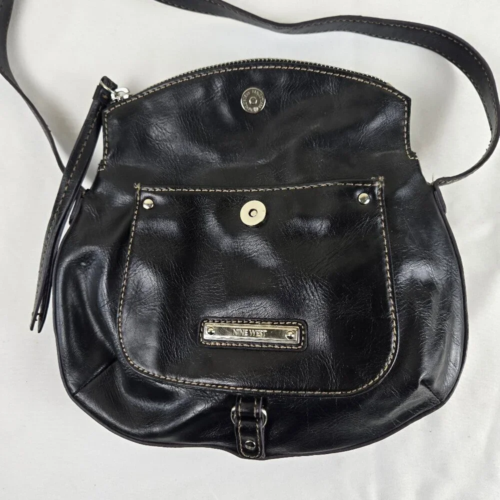 Nine West Black Foldover Crossbody Bag Adustable Long Strap Faux Leather